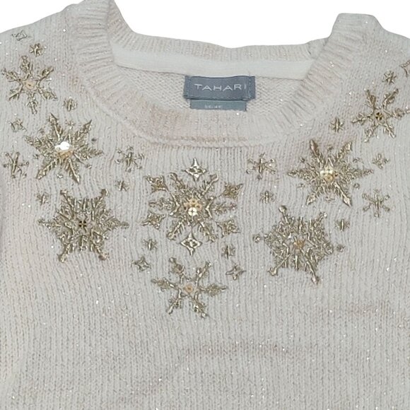 Tahari Girls 4T Ivory Knit Sweater Gold Snowflake Sequin Beaded Holiday Winter - Picture 3 of 8